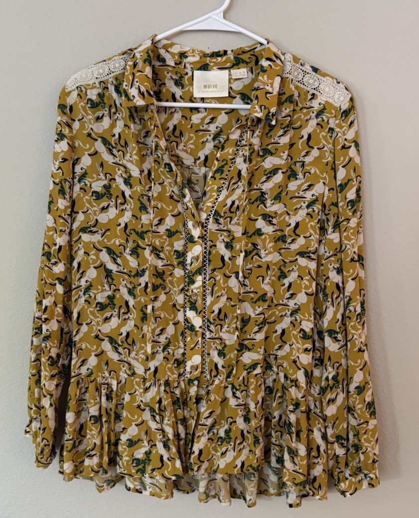 Maeve Anthropologie Top Womens 6 Yellow Hare Rabbit Janie Flounced Peasant