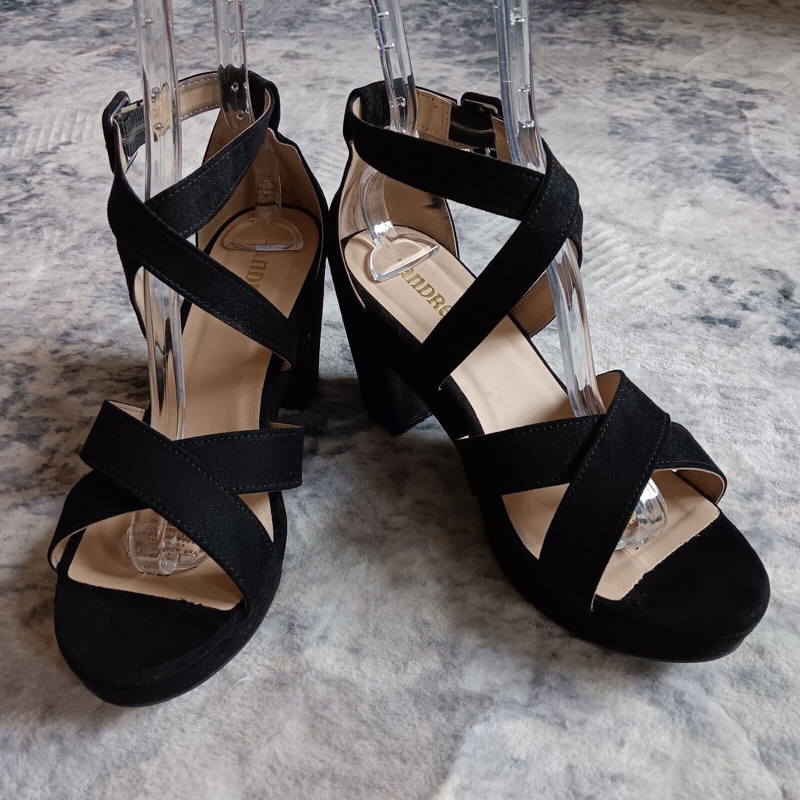 Andrea Black Faux Suede Strappy Platform Heels Size 10
