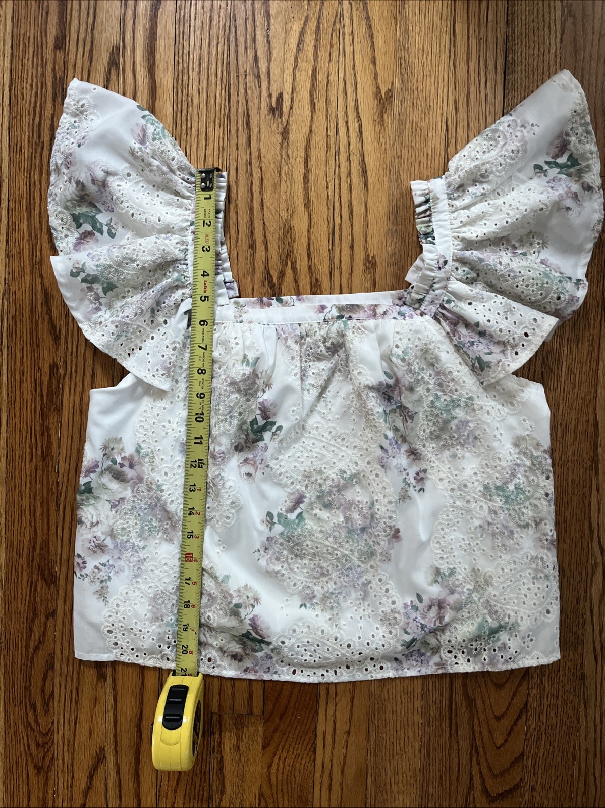 Solitaire Floral Ruffle Cap Sleeve Embroidered Eyelet Blouse Whimsical Romantic