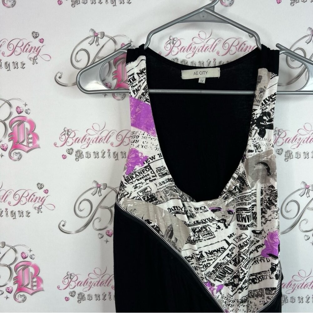 Ae city tank top newspaper print news Black and Purple Graphic Dress with Zipper