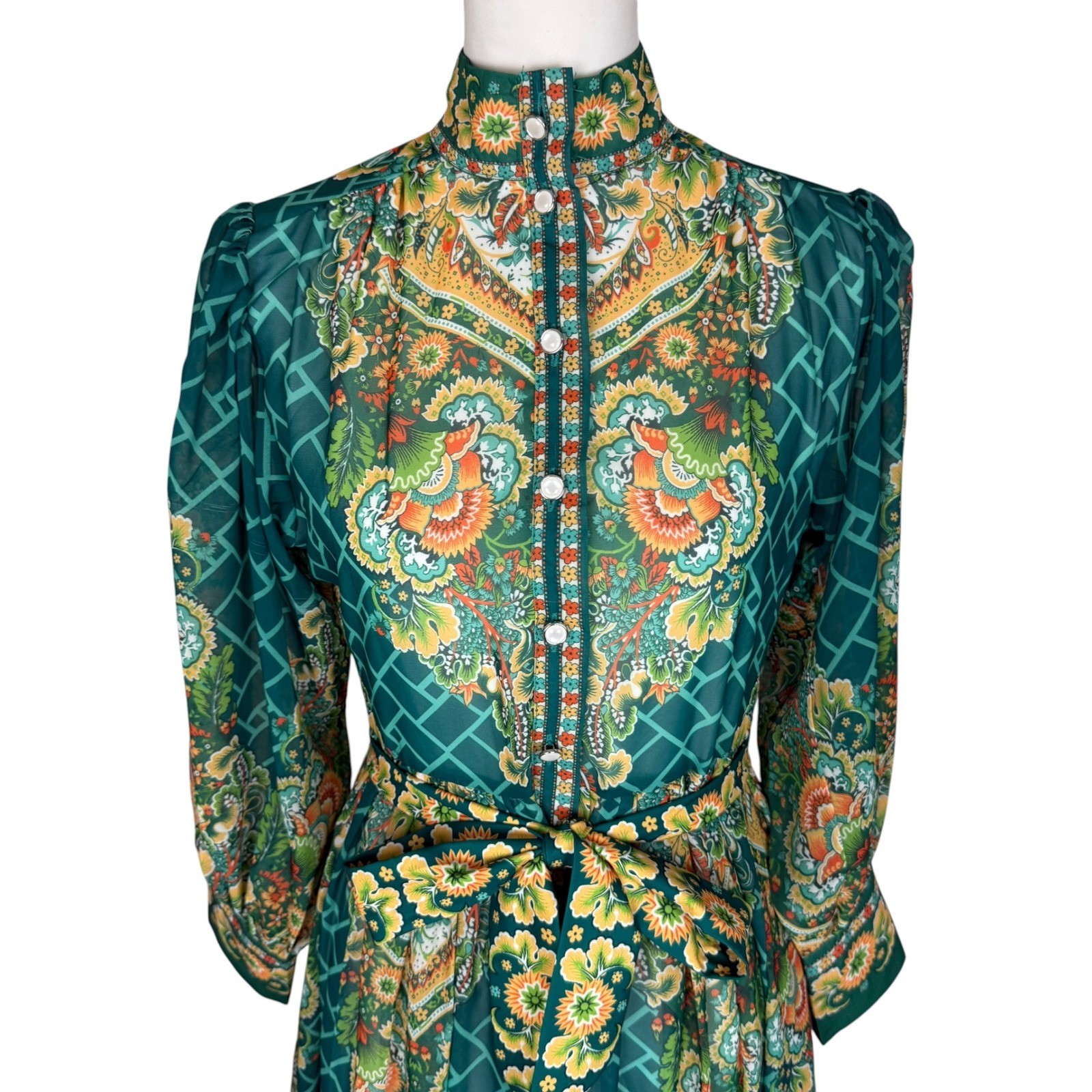 Dalia MacPhee Green Multi Floral Paisley Maxi Dress High Neck Puff Sleeve S New