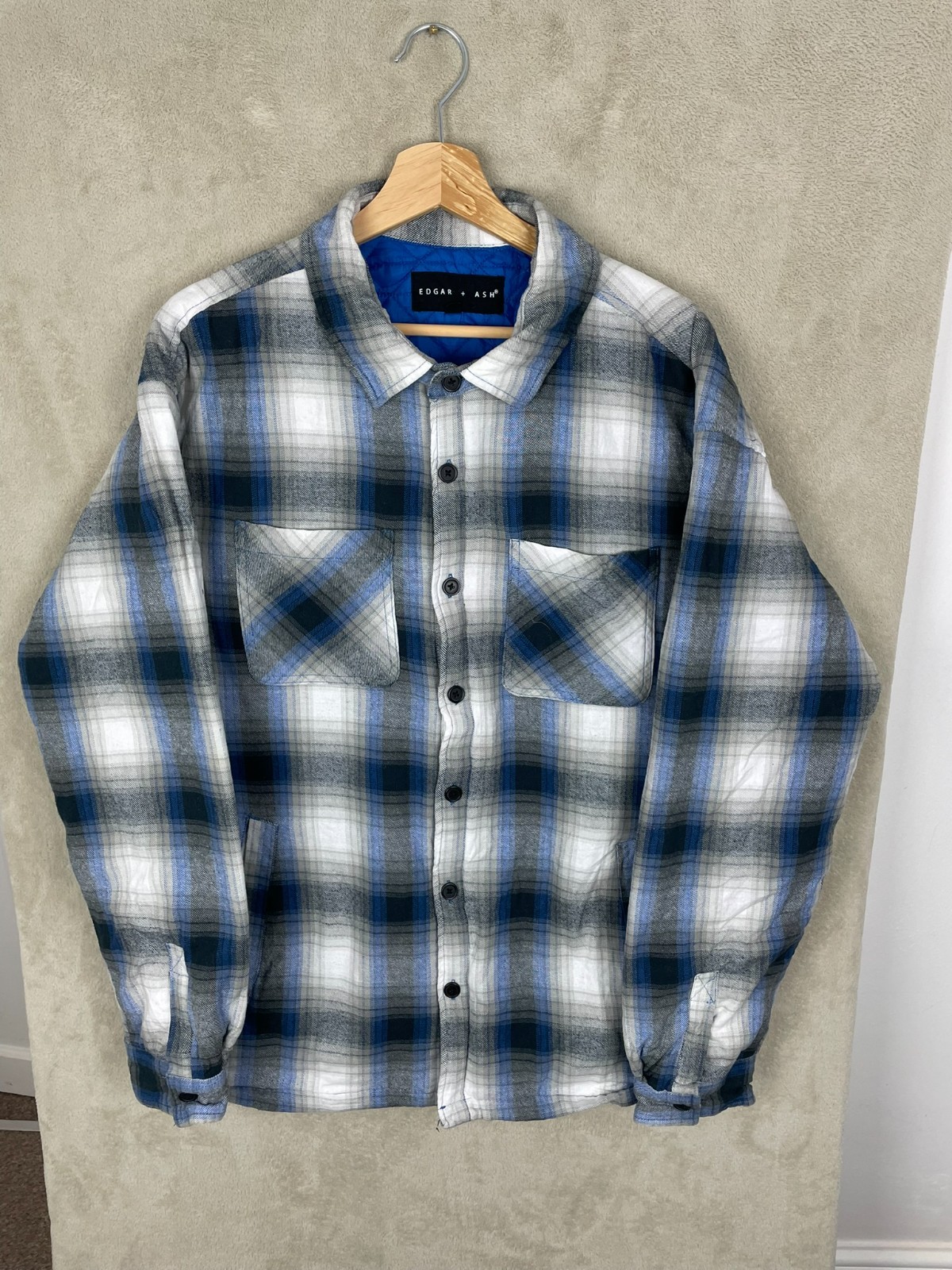 Men’s Lined Plaid Collared Flannel Shacket Jacket Size L Large Button Up Pocket