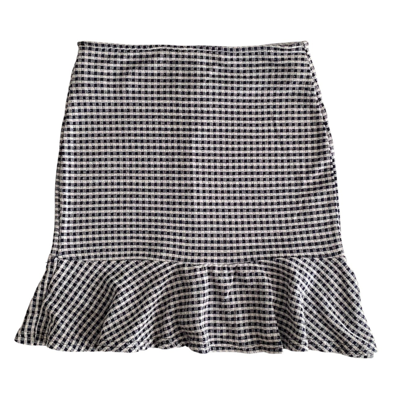 Boohoo High Waisted White & Navy Blue Gingham Ruffle Hem Skirt Women’s Size 0 P