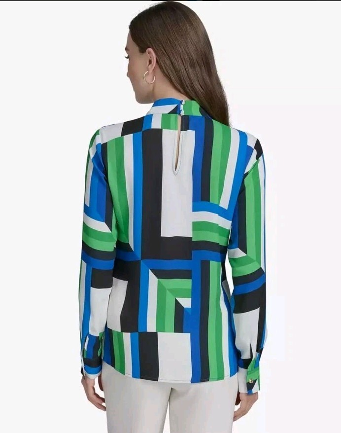 Halston Heritage Geo-print Tie-neck Long-Sleeve Blouse Parakeet Multi