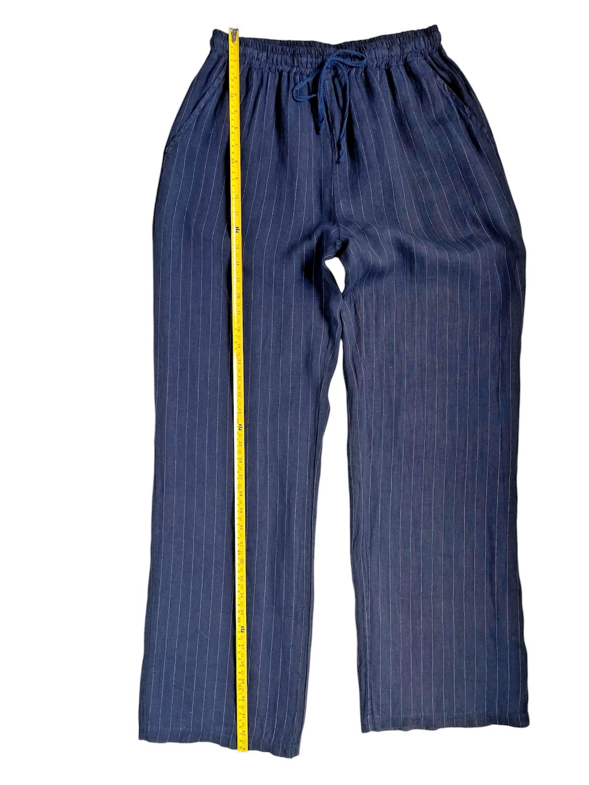 Sorbet Italy 100% Linen Pants L XL Blue Pinstripe Wide Leg Elastic Waist