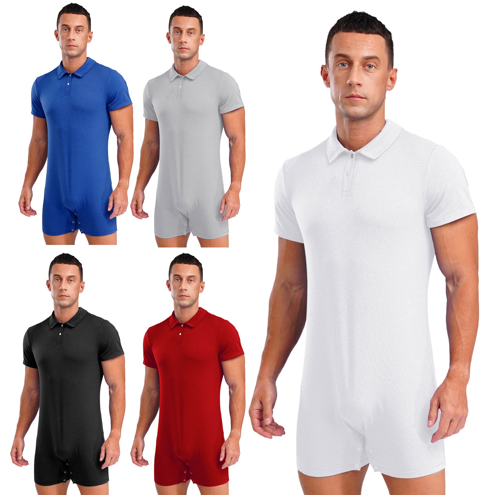 Mens Turn-Down Collar Jumpsuit Press Button Crotch Workout Sports Bodysuit Gym