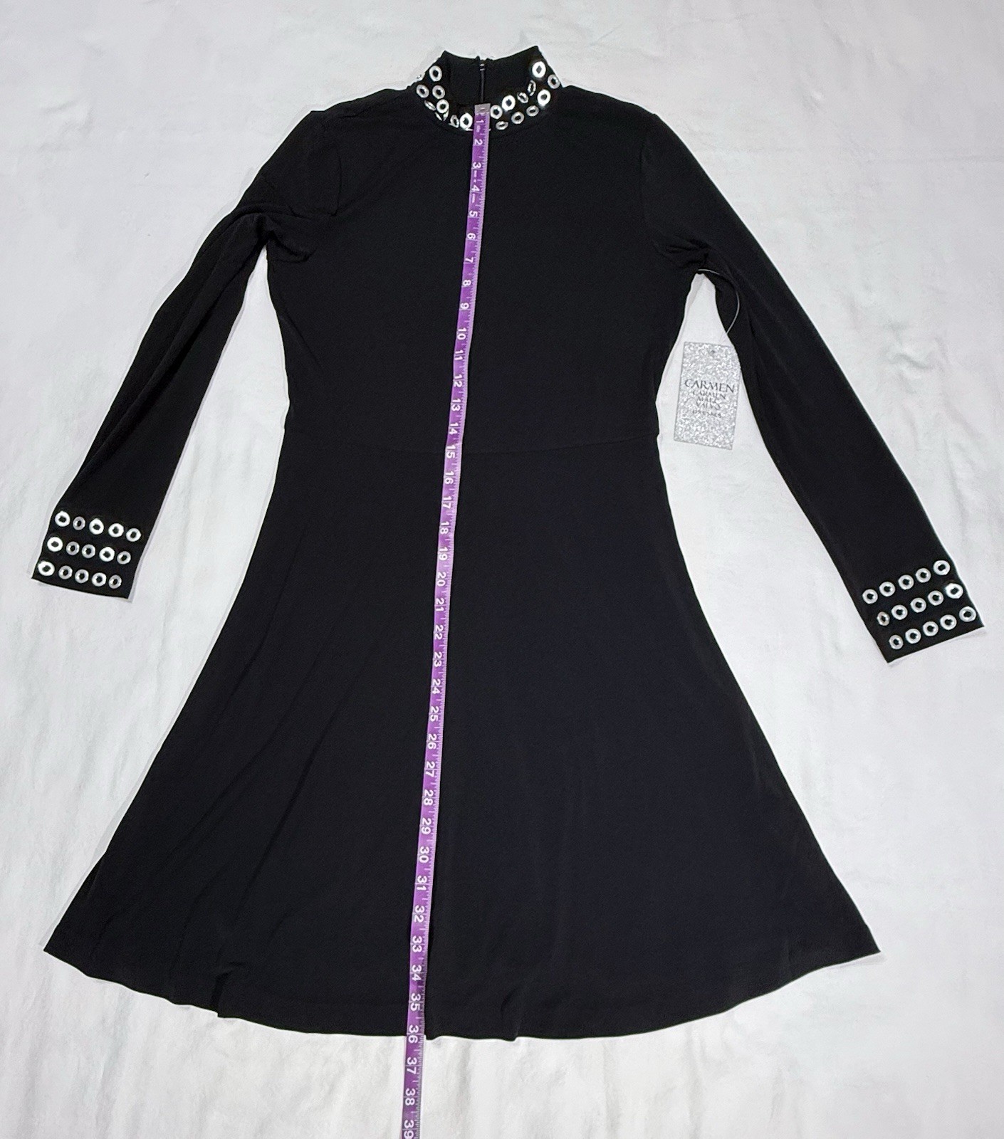 Carmen Marc Valvo Size 4 Black Fit & Flare Dress Silver Grommet Accents Womens