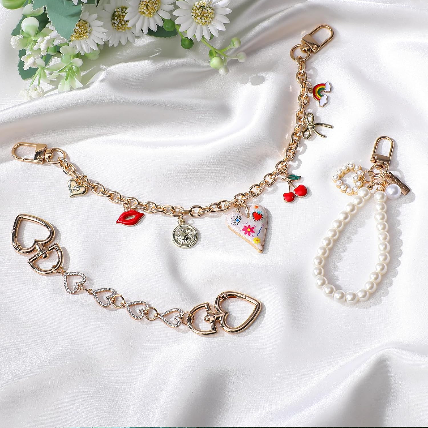 3Pcs Purse Extender Chain for Bag Charm – Gold Replacement Chains with Graffiti