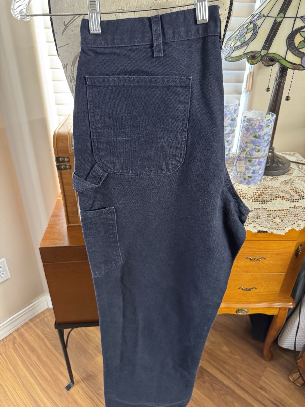 CARHARTT MENS 36X30 NAVY COTTON DENIM CARPENTER PANTS, FLAT FRONT, SLANT POCKETS