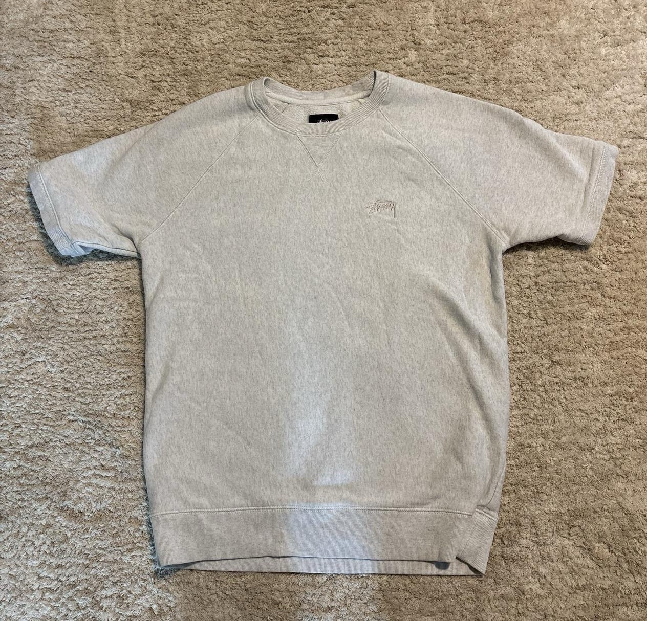 Stussy Men’s Gray Fleece Cotton Crewneck Sweatshirt Short Sleeve M Logo