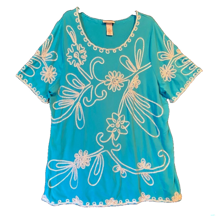 Maggie Barnes For Catherines Tunic Teal With Rope Embroidery Accents Size 0X