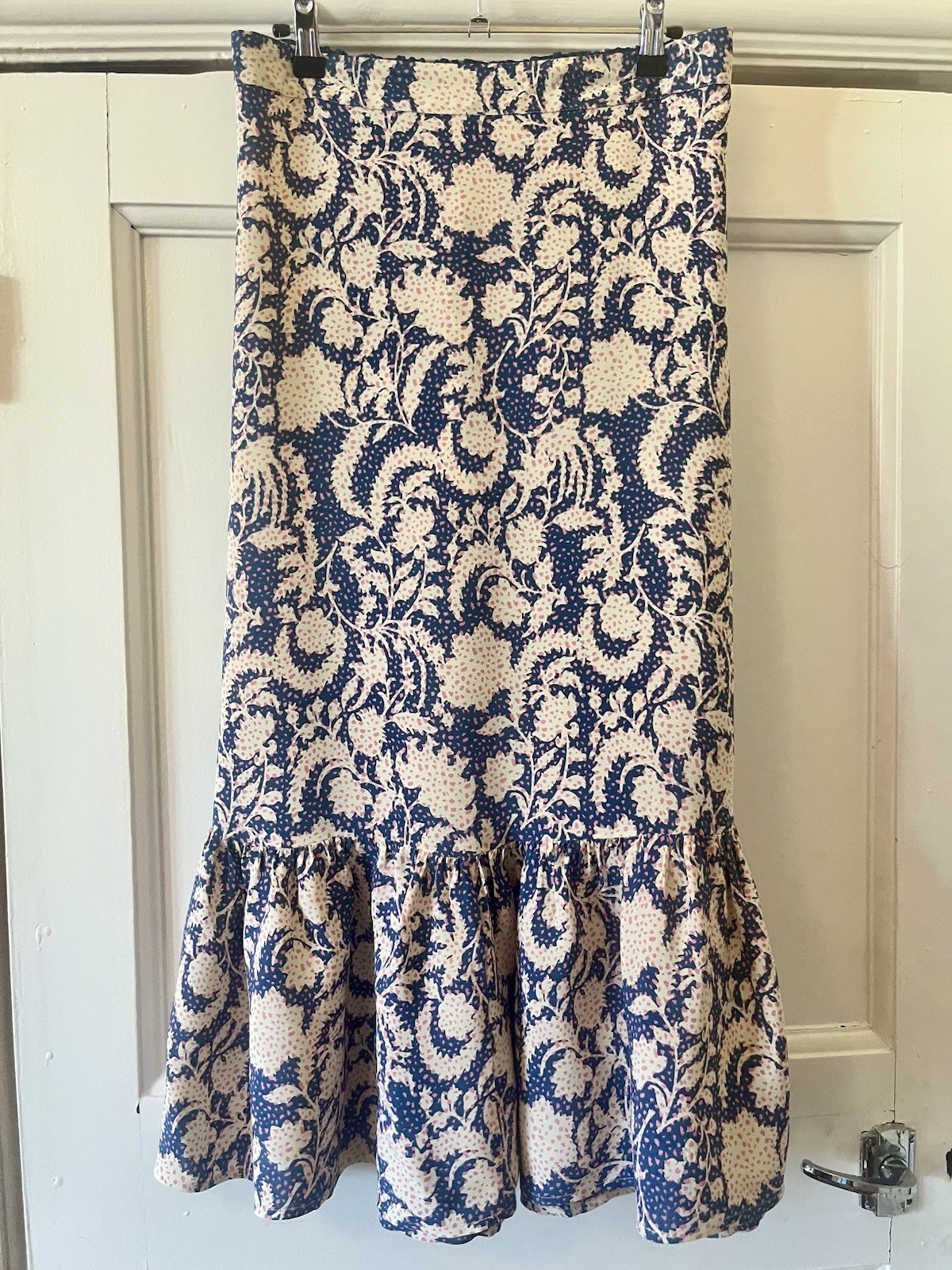 White Stuff Blue White Pink Paisley Floral Print Midi Skirt Frill Hem Size 10
