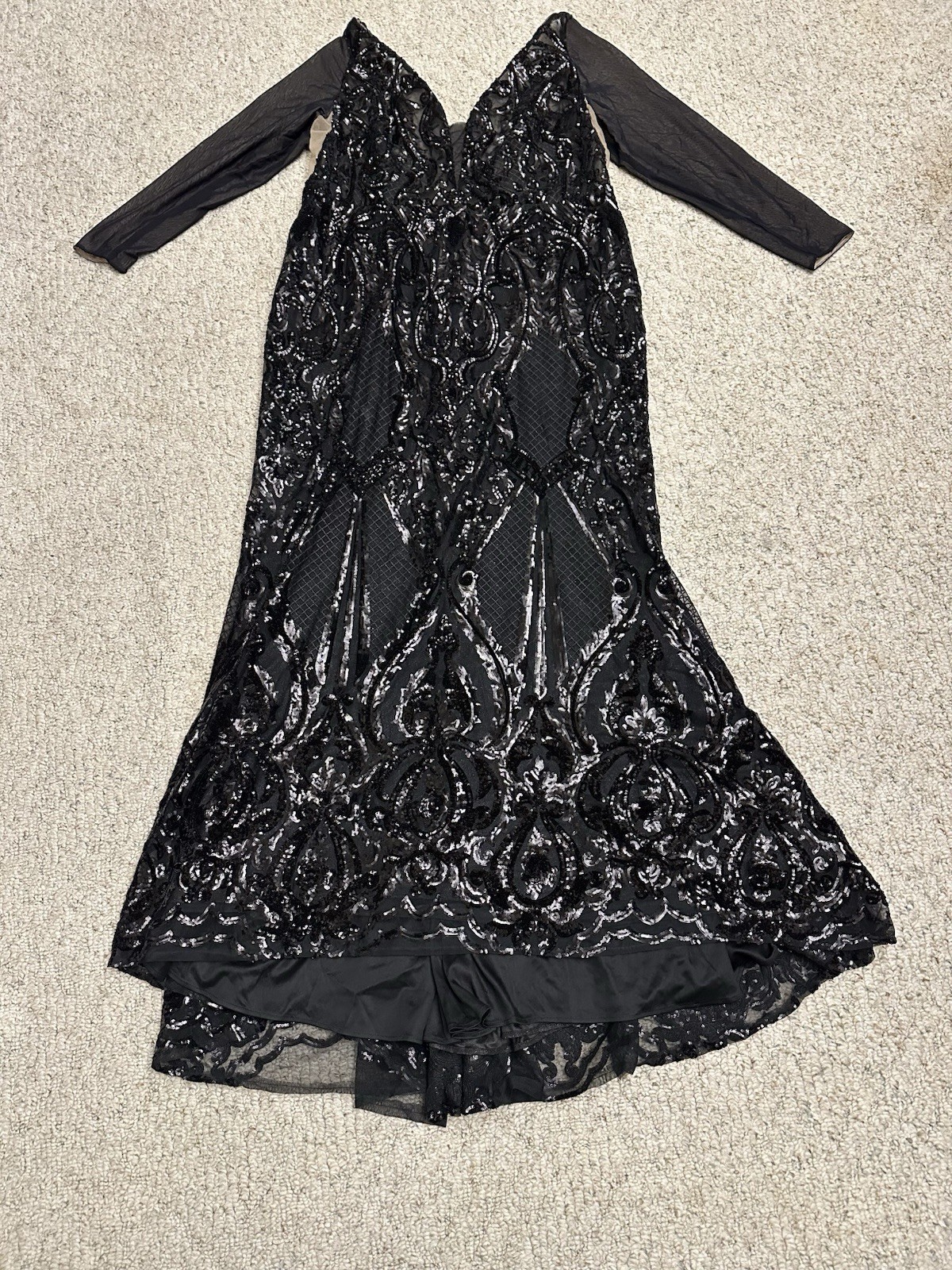 Morilee Madeline Gardner Black Sequin Evening Gown Mesh Sleeves Formal Dress 24