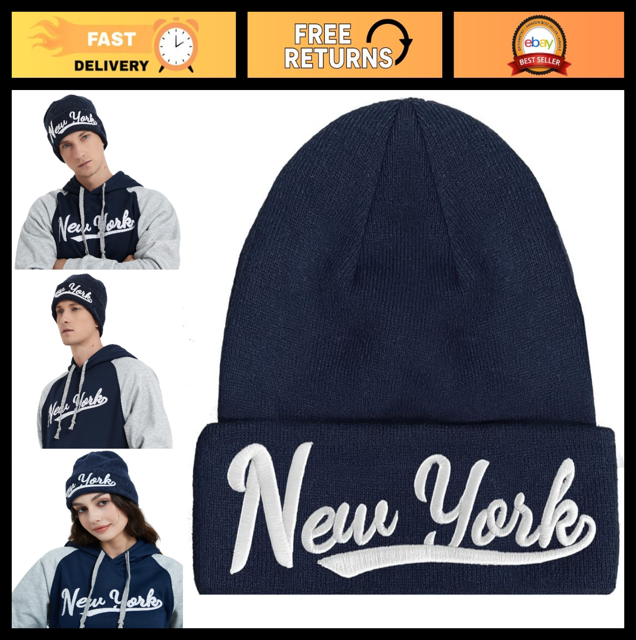 3D Embroidery Cuffed Knit Beanie Hat – Classic Toque Skull Cap for Winter Wear