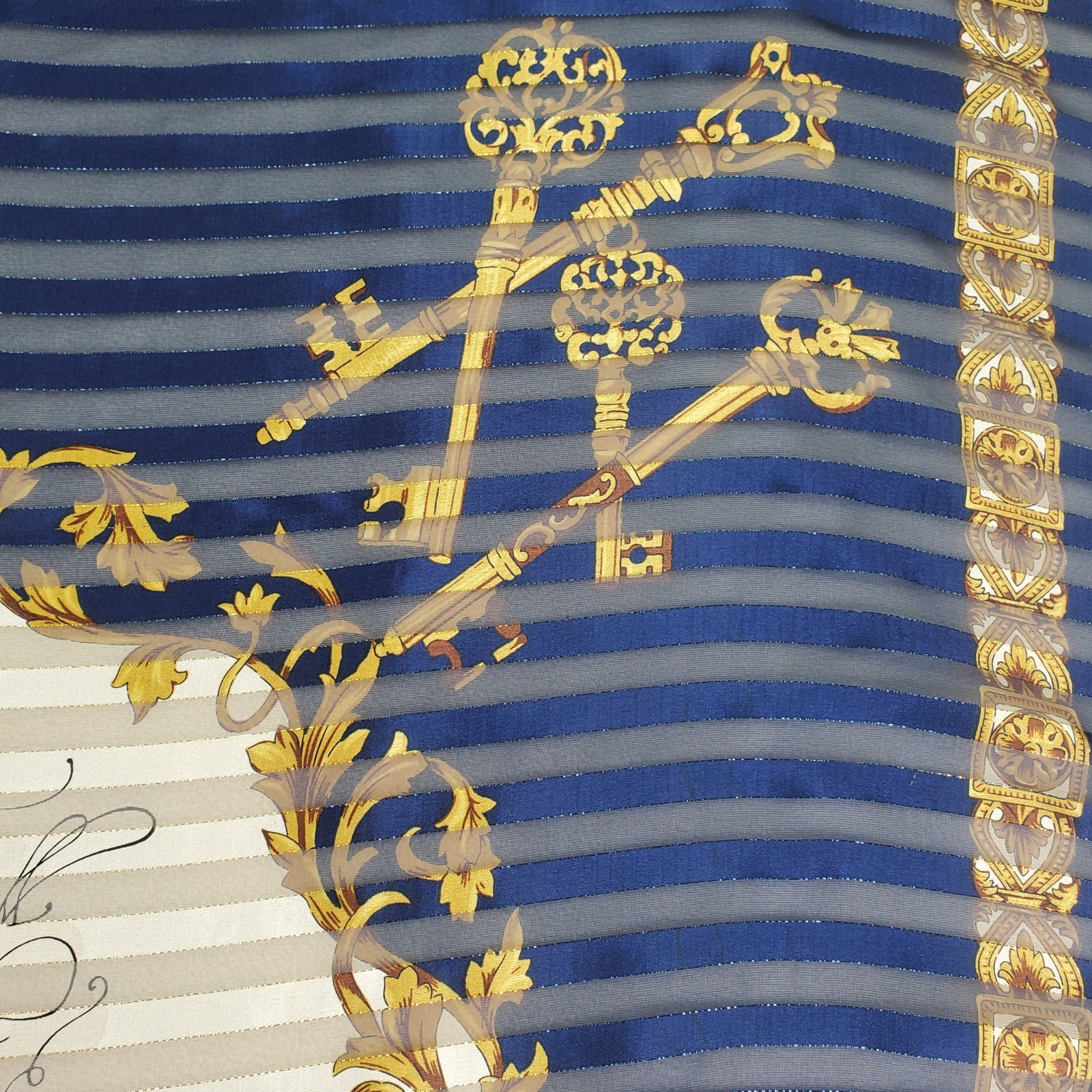 VTG Manuscript Scarf 35in Square Blue Shadow Stripe Faux Latin Gold Metallic Key