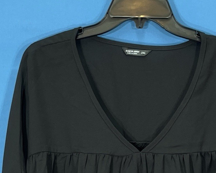 SHEIN CURVE Black THIN Poly Twill FLORAL EMBROIDERED Balloon Sleeve TOP Sz 2XL