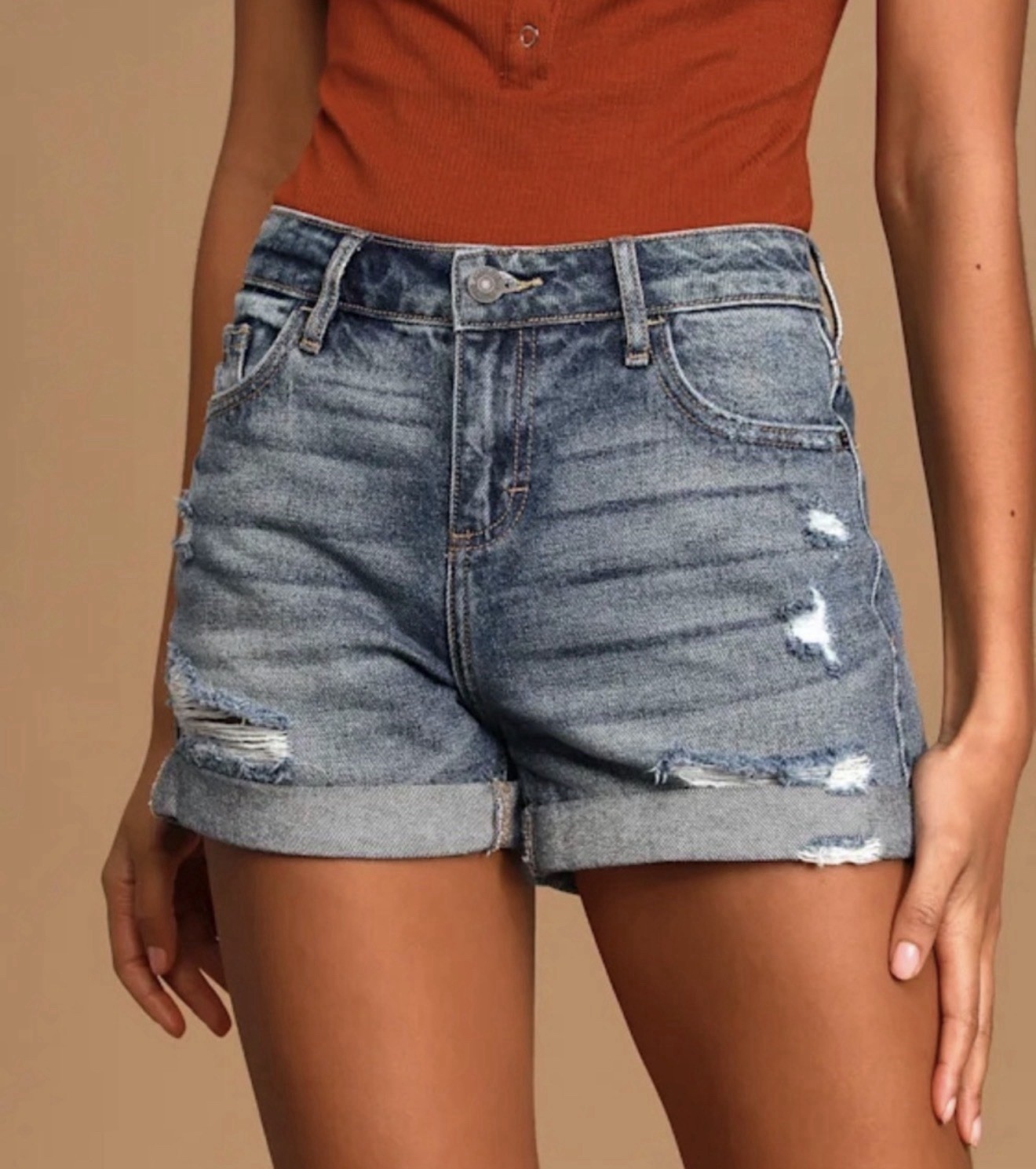 HIDDEN Women’s Blue Distressed Denim Shorts Size S High Rise Cuffed 3” inseam