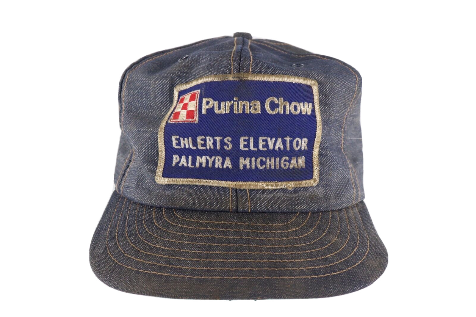 Vtg 70s Louisville Mfg Co Distressed Purina Chow Chambray Denim Snapback Hat USA