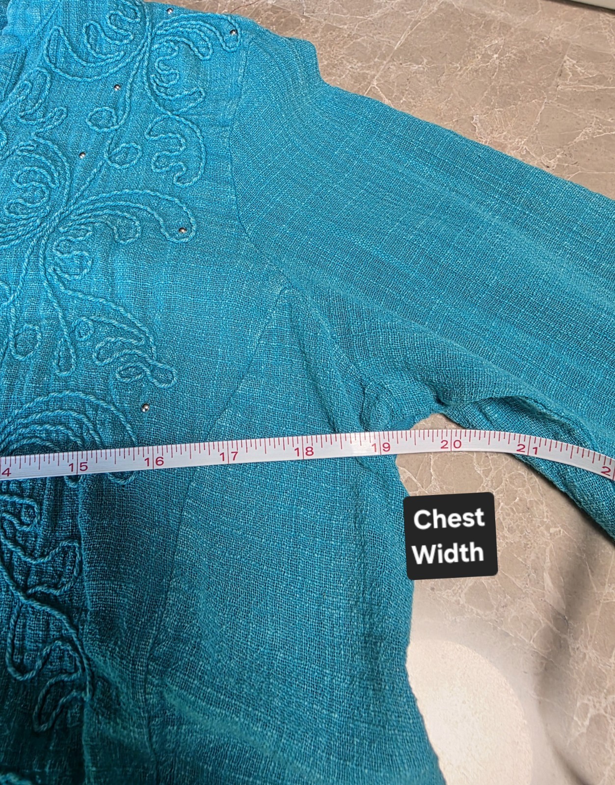 Western Turquoise Embroidered Button Front Blouse Artisan Teal 3/4 Sleeve Top M