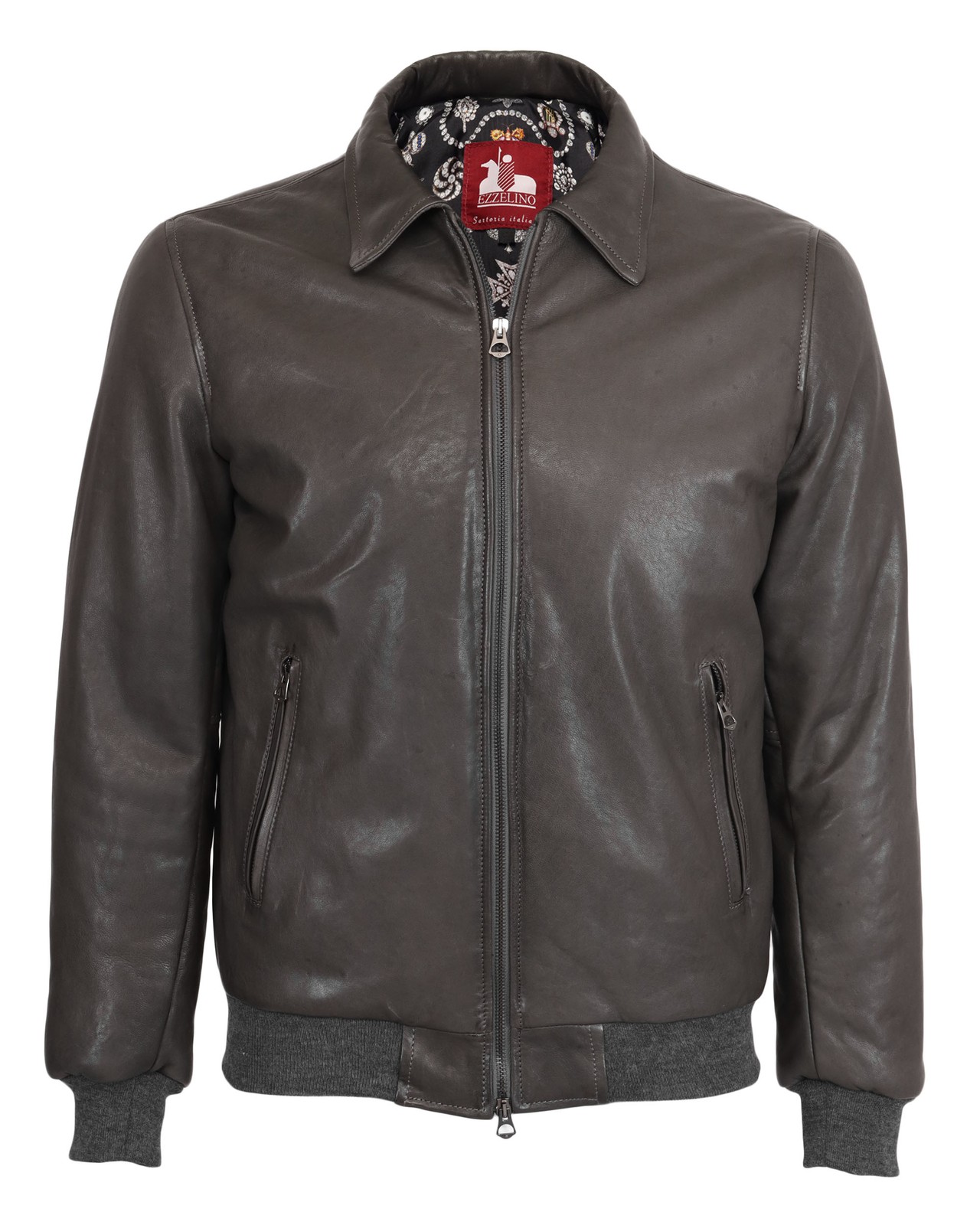 NWT EZZELINO BOMBER JACKET grey lambskin padded pure silk luxury Italy L