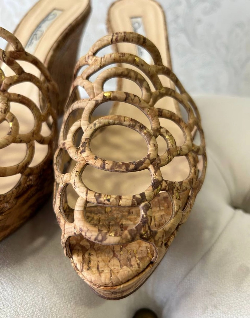 Oscar de la Renta Cork Wedge Sandals Mules Cutout Gold Fleck EU 40 US 10