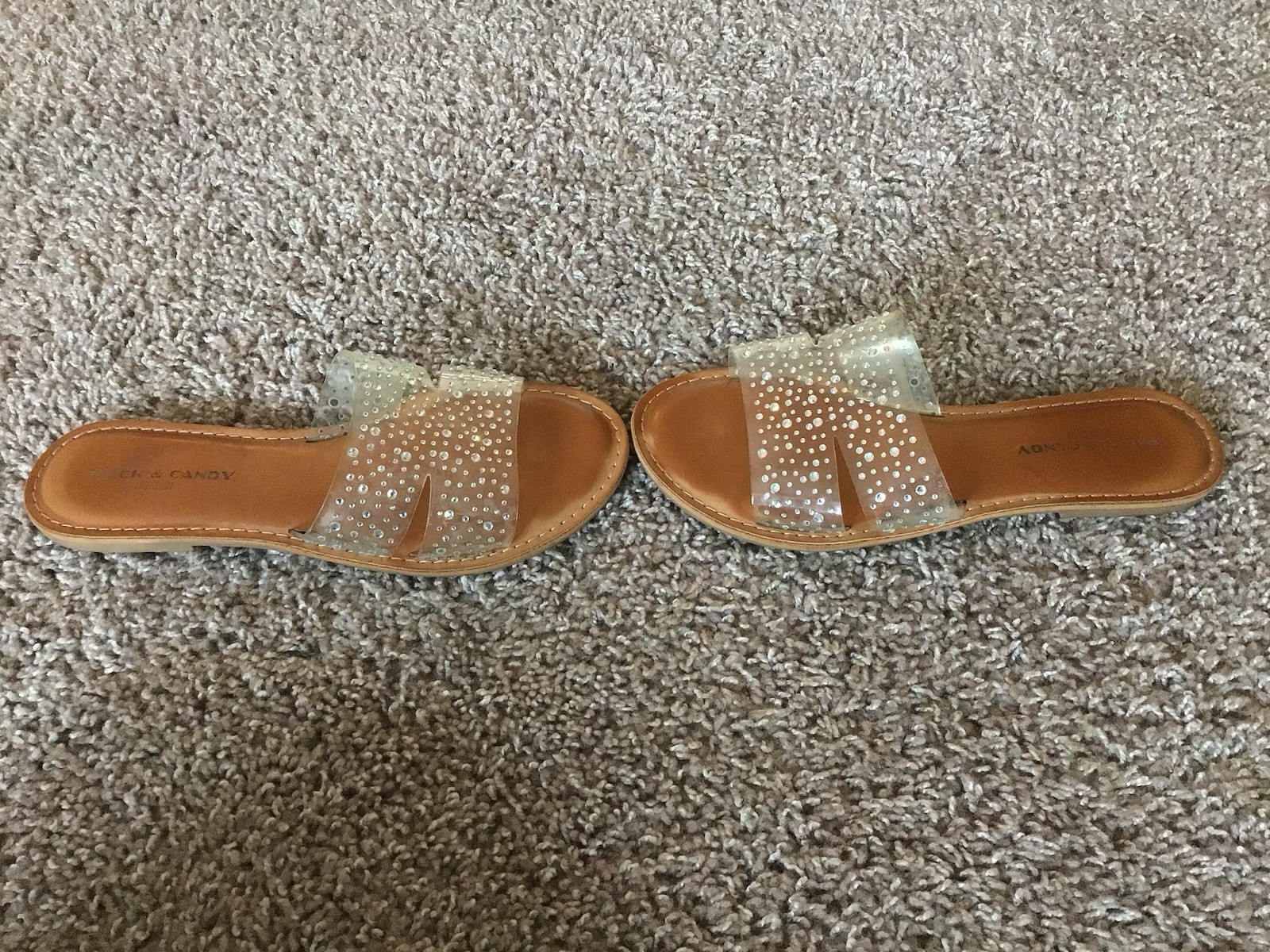 Rock & Candy Women’s Clear Rhinestone Slide Sandals Brown Footbed Slip On 8