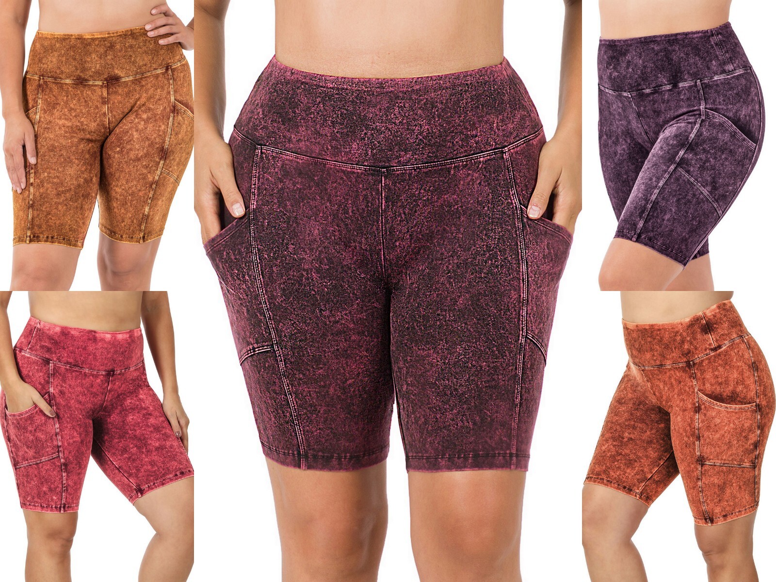 1X-3X Mineral Wash Wide Waistband Biker Bike Shorts Cycling Gym Pocket Leggings