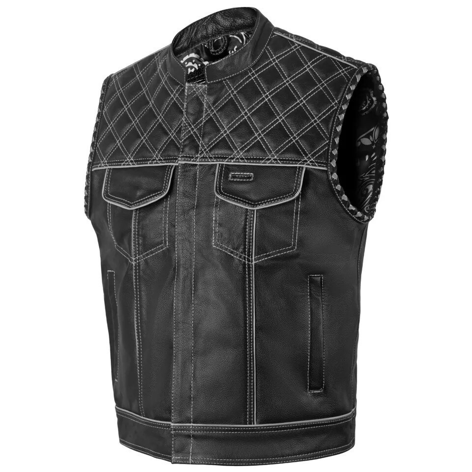 Men’s Black Leather Vest Diamond Motorbike Motorcycle Concealed Waistcoat White