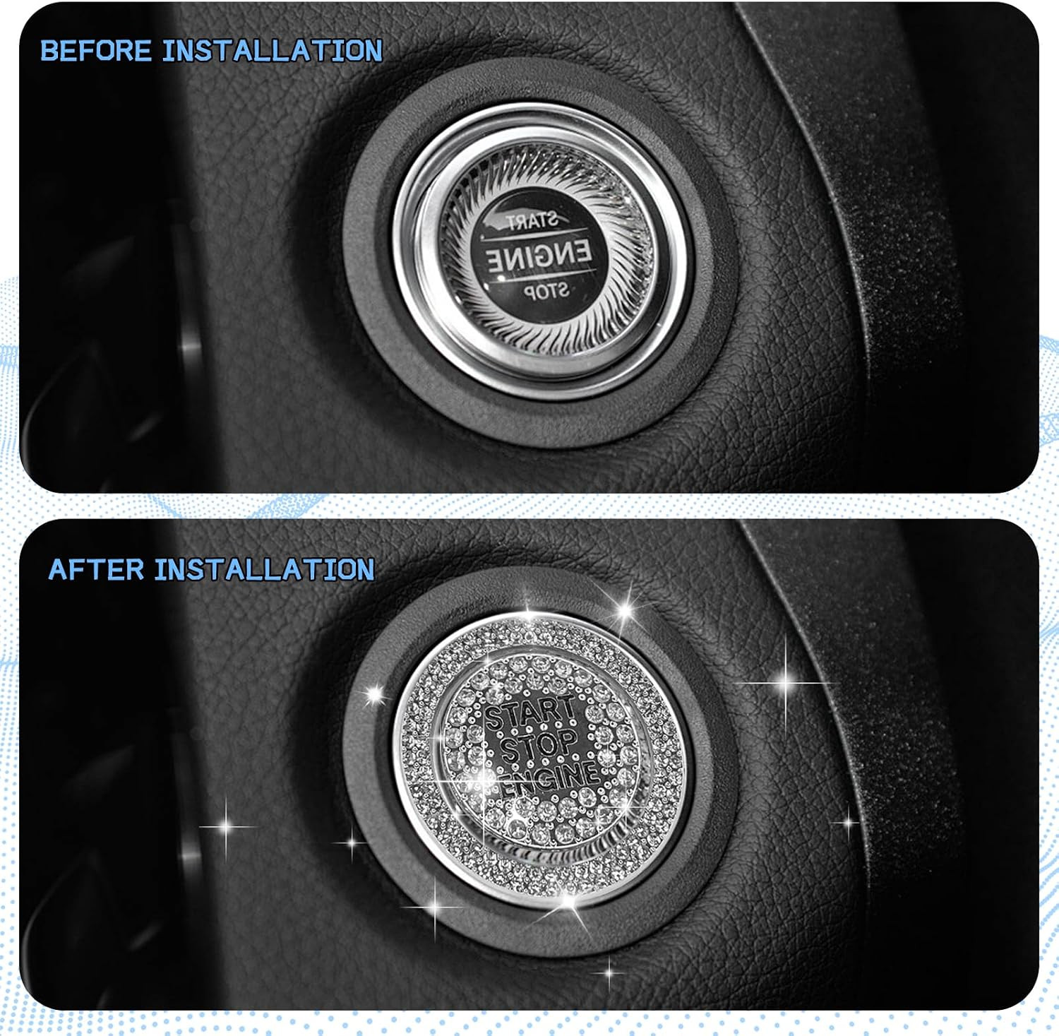 2PCS Rhinestone Push Start Button Cover Bling Car Accessories for Women, Sparkly