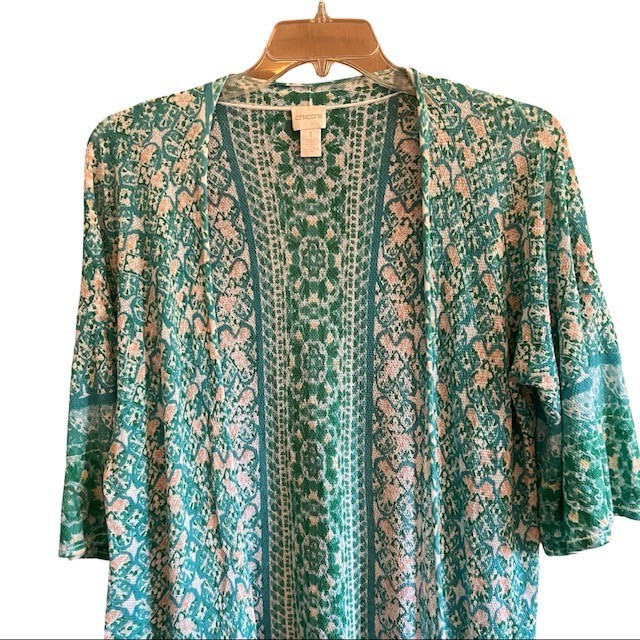 Chicos Soft Tile Stripe Duster Cardigan Sweater 2 L Turquoise Boho Open Front