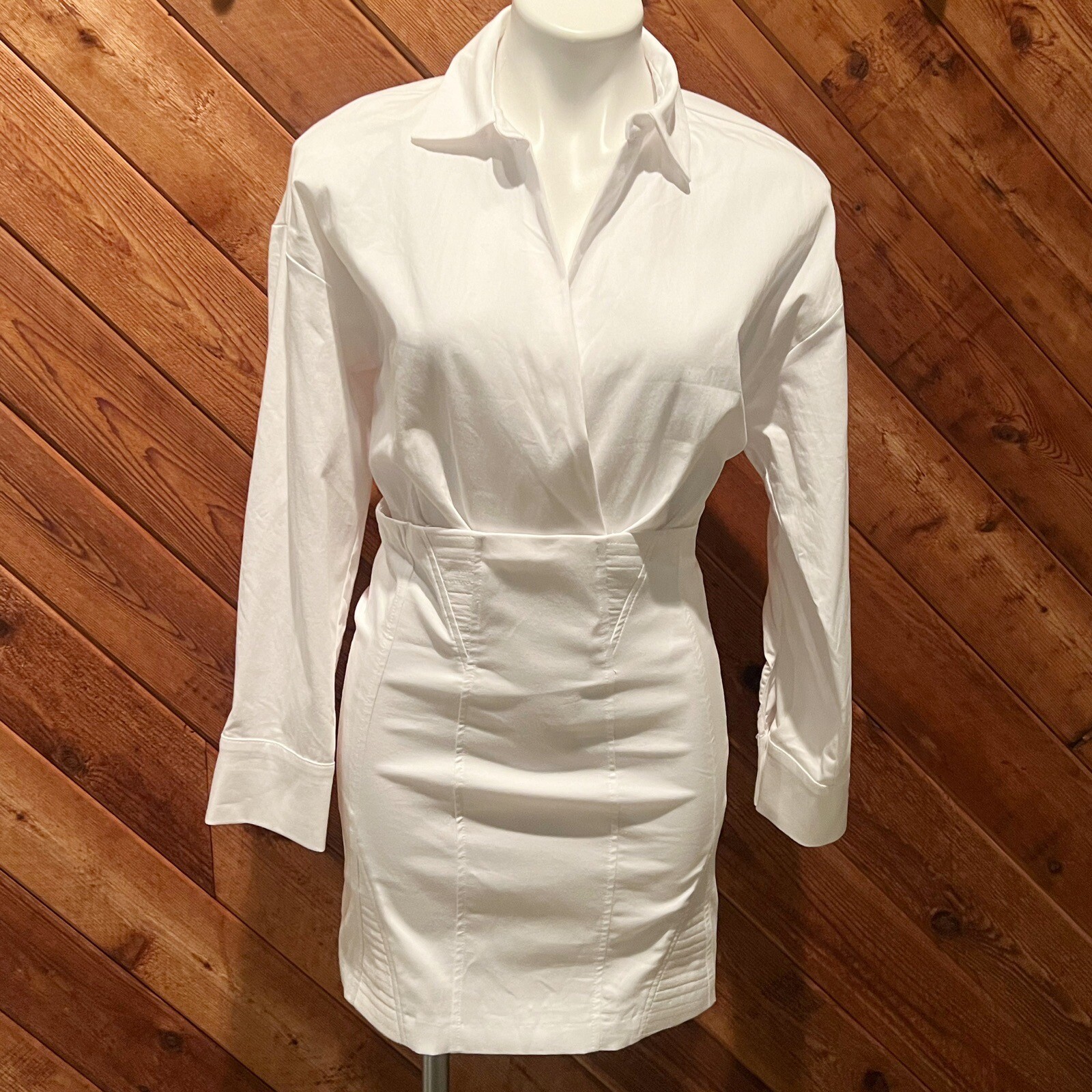 NWT Zara Structured Poplin Collared Long Sleeve Mini Shirt Dress White Medium