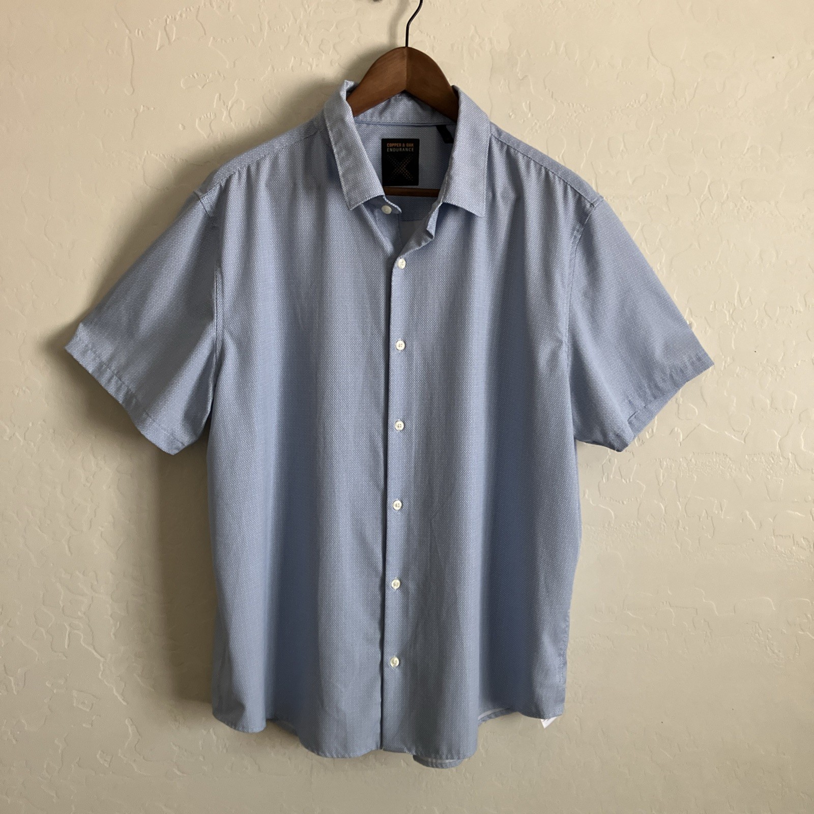 Mens XL Shirt Blue Short Sleeve Button Up Stretch Copper and Oak Endurance
