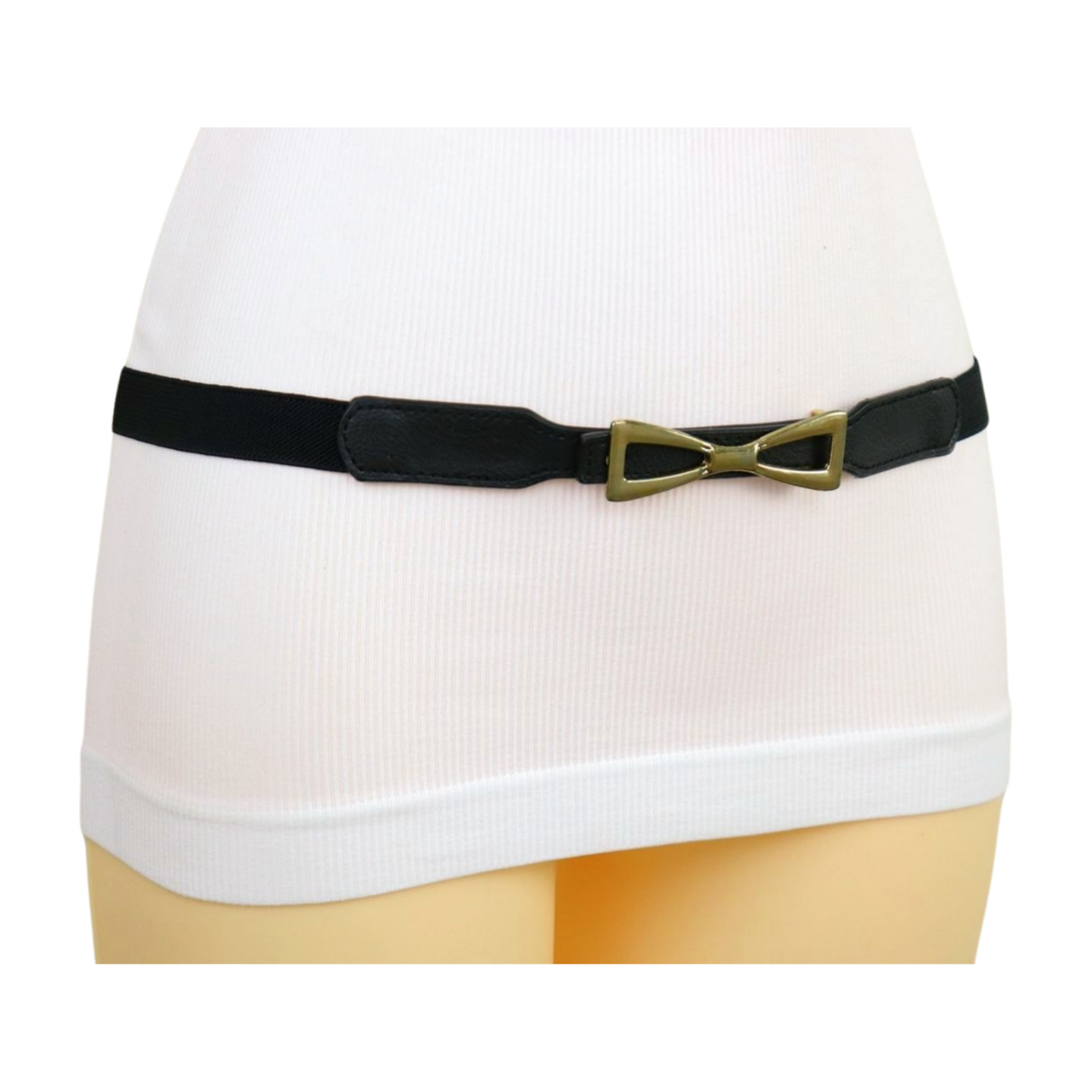 Women Black Elastic Strap Narrow Belt Rusty Gold Metal Bow Tie Ribbon Buckle S M