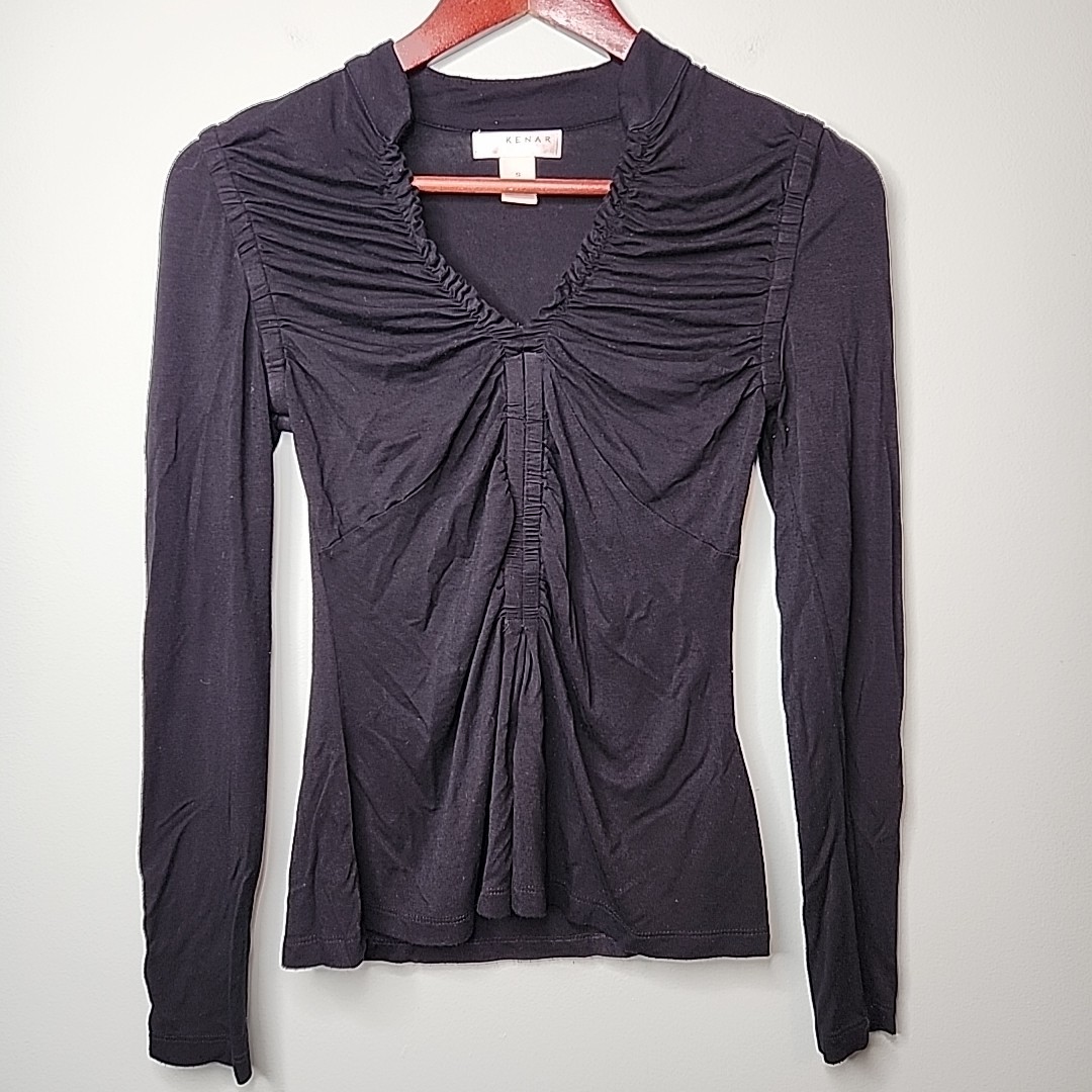 Kenar Gathered V Neck Top Womens S Lightweight Black Long Sleeve Ruffle Blouse