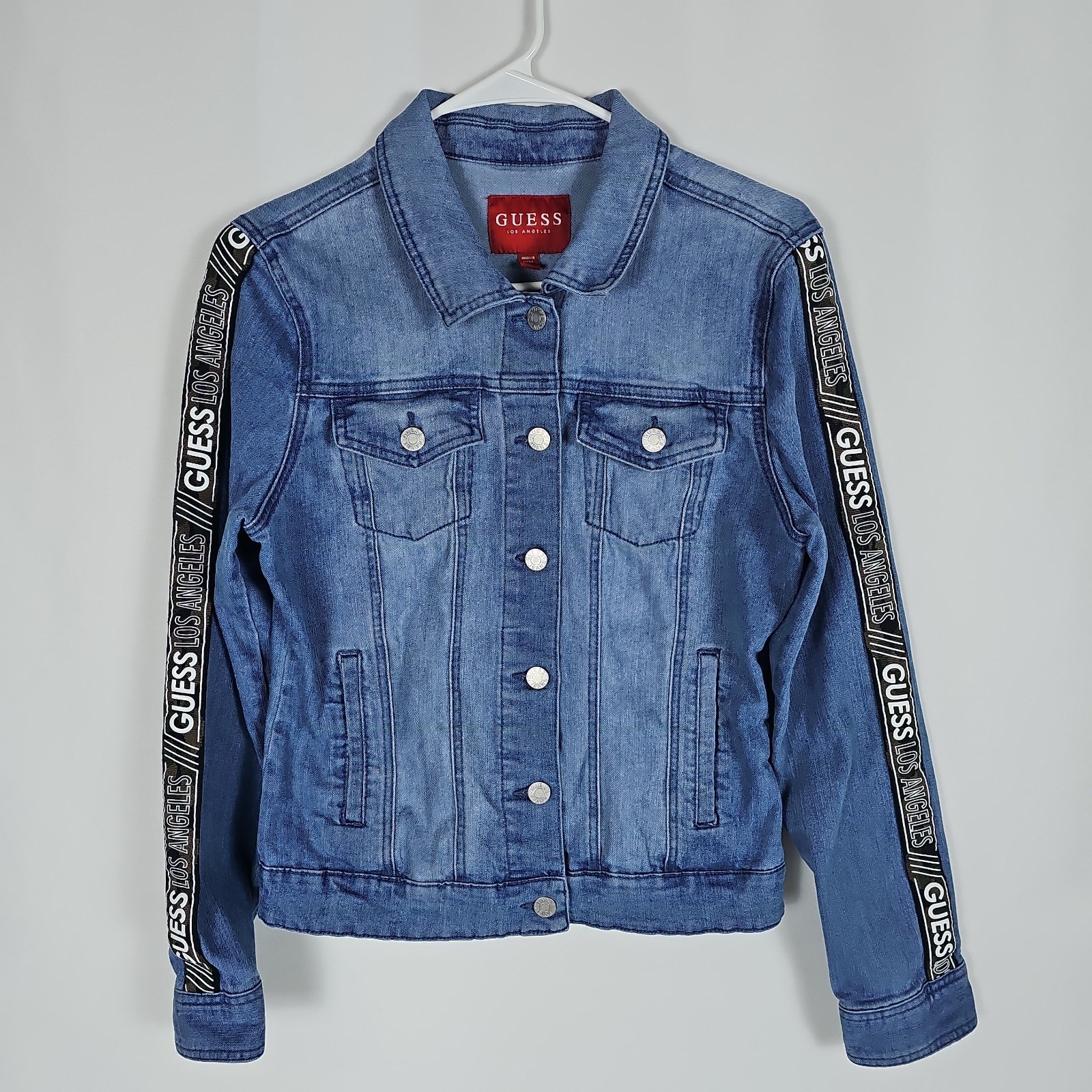 Guess Women’s Light Wash Denim Jean Jacket With Branding On Sleeves, Size: M