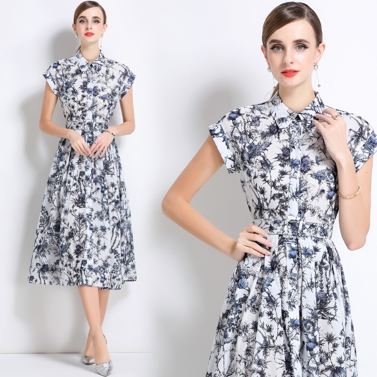 Vintage Floral Print Collar Belt Short Sleeve Women Casual A-Line Midi Dresses