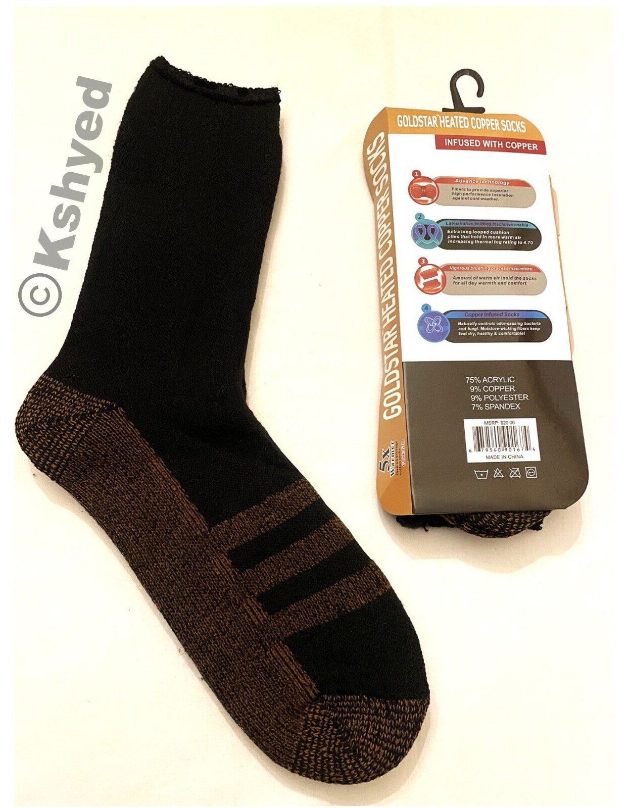 Goldstar Heated Copper Socks Black Athletic Size: 9-15 Tog Rating 4.7 (2 Pack)