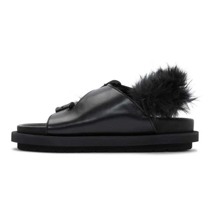 Sacai Black Leather Adjustable Buckle Sandals with Fur Trim ($685) Size 7