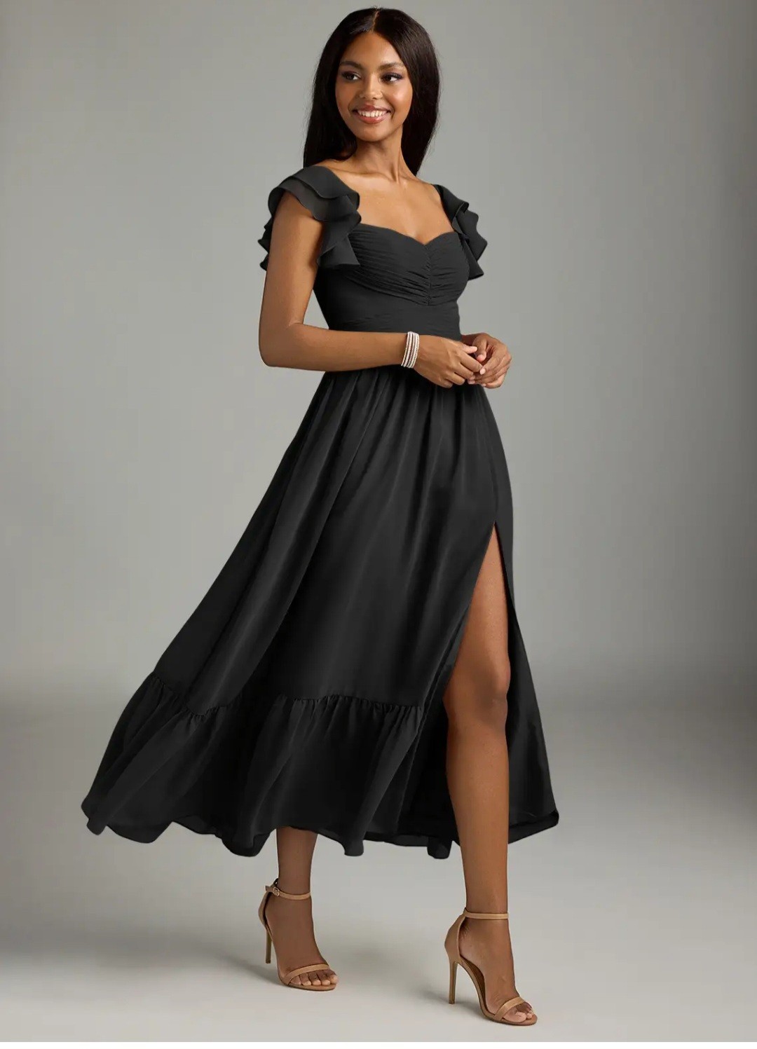 Azazie Womens Black Solid A-Line Dress 14 Sweetheart Flutter Sleeve Slit