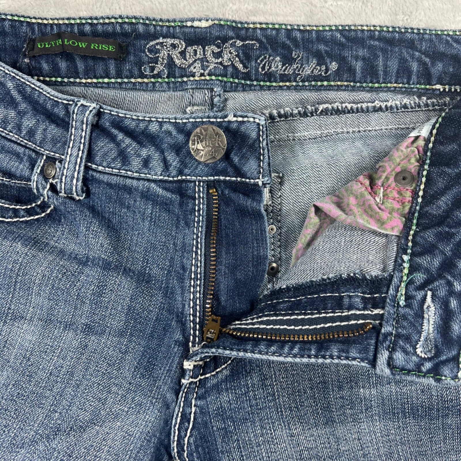 Rock 47 by Wrangler Women Ultra Low Rise Bootcut Jeans embroidered pocket Size 5