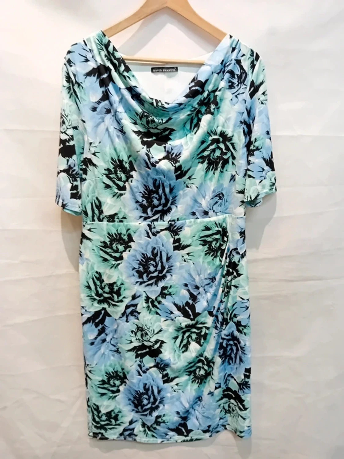 David Emanuel Floral Print Cowl Neck Dress – Size 16
