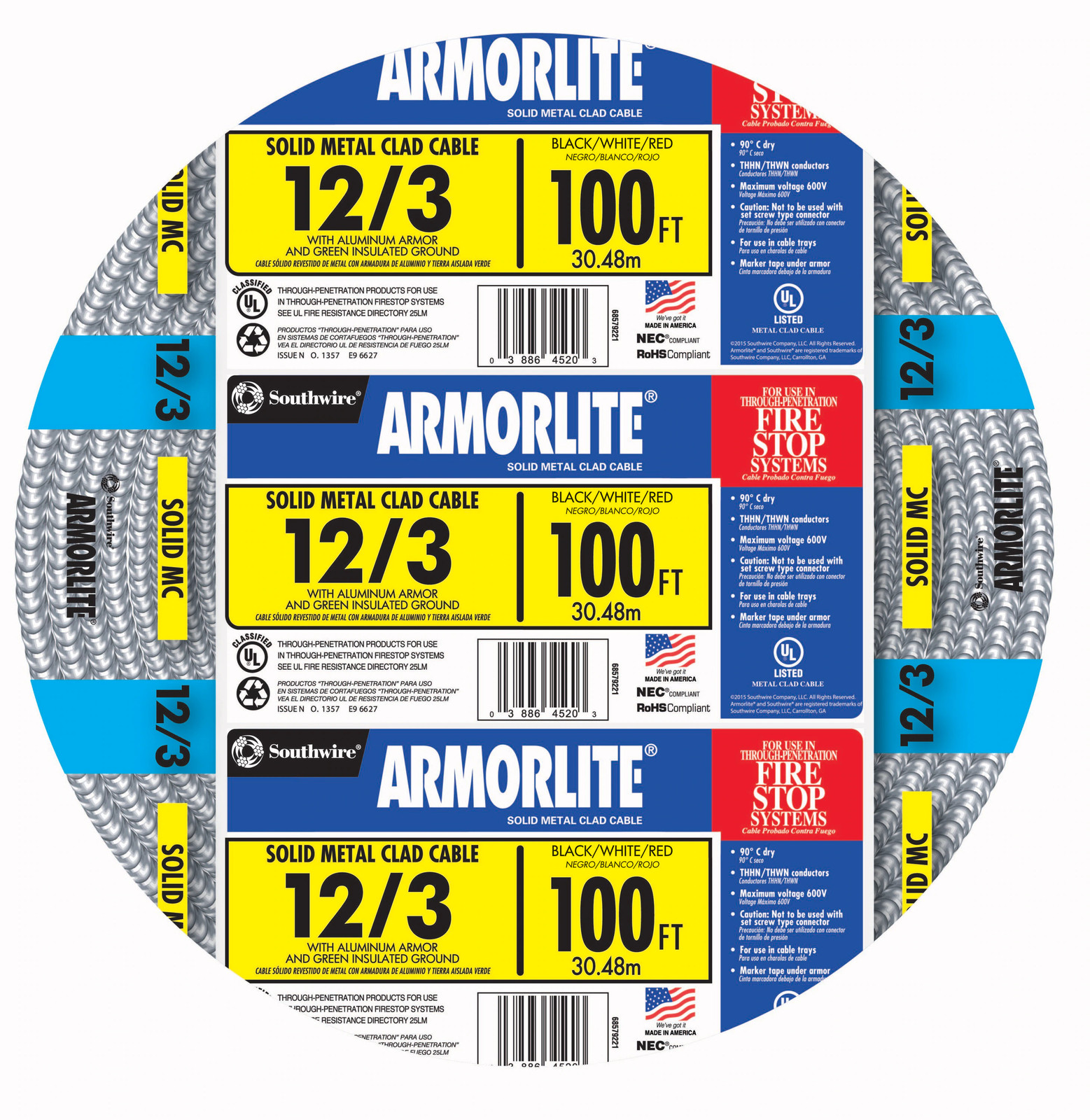 Southwire Armorlite 100-ft 12 / 3 Solid Aluminum MC Cable (Metal Clad)|13091