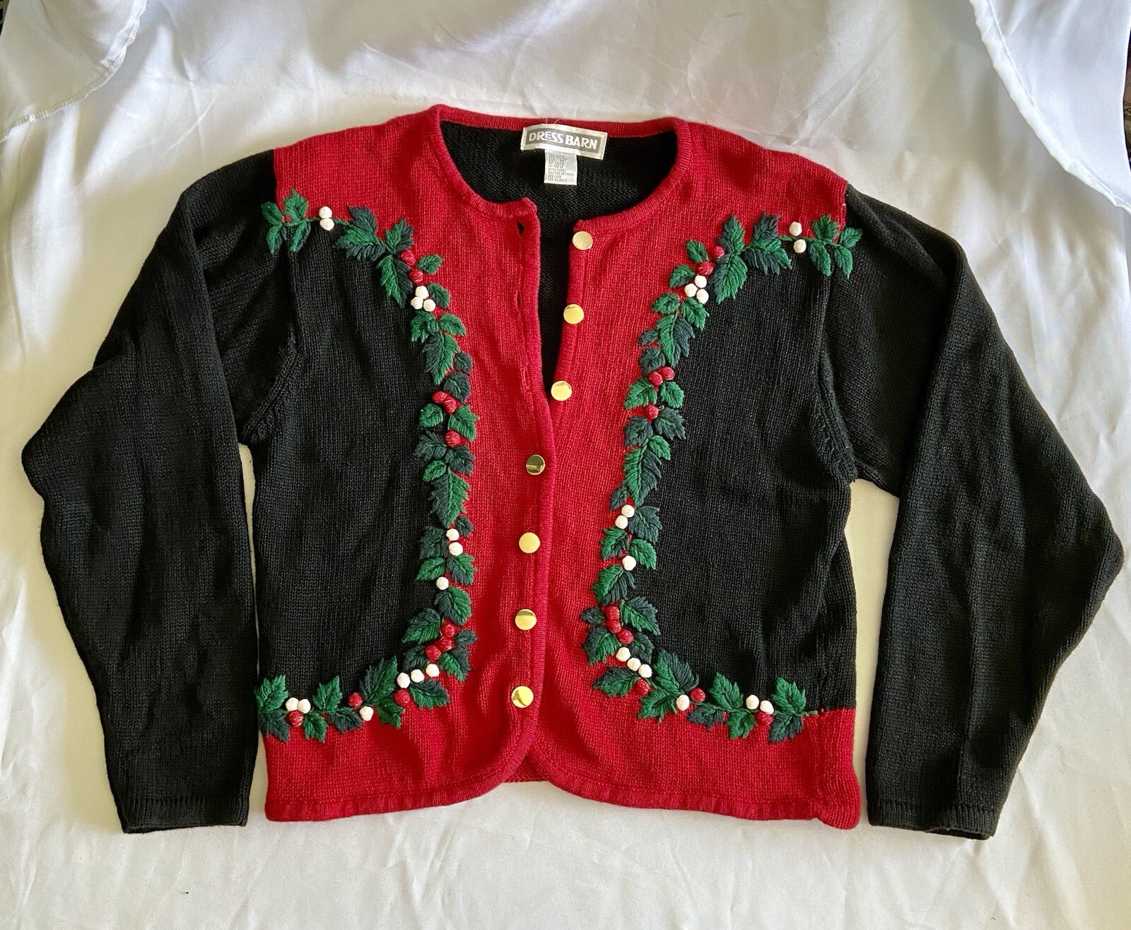 VTG Dress Barn M Christmas Cardigan Red Black Holly Berry Ugly Holiday Sweater