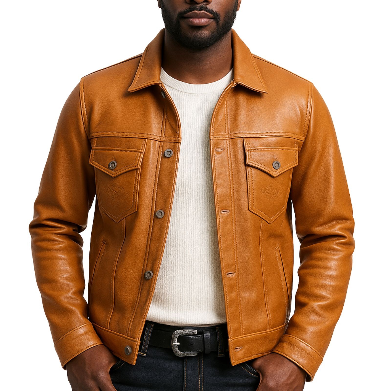 Men’s Genuine Leather Trucker Jacket Button-Up Classic Western Style Coat