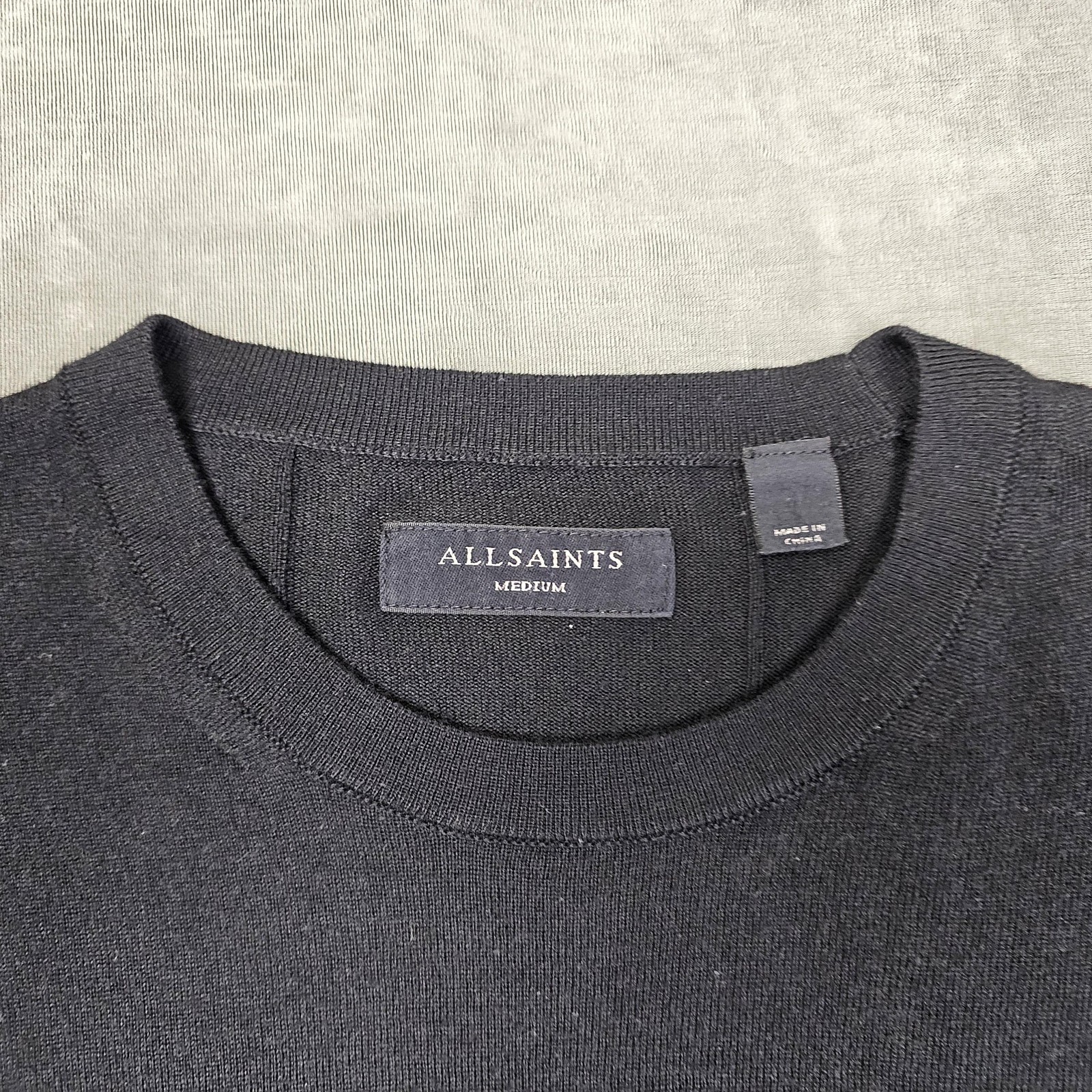 AllSaints Sweater Mens Medium Black Nomo Crew Ramskull Logo Wool Blend Pullover