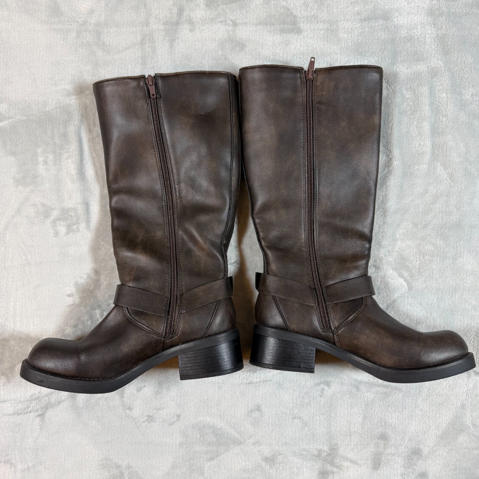 Steve Madden Brock Distressed Leather Tall Boots 6 Moto Buckle Harness Grunge