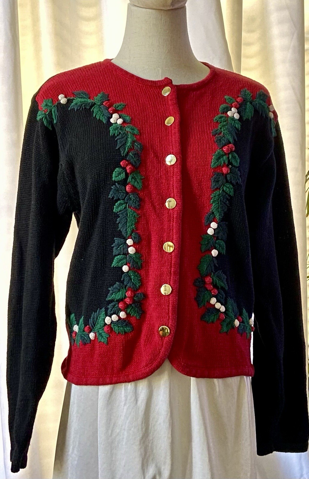 VTG Dress Barn M Christmas Cardigan Red Black Holly Berry Ugly Holiday Sweater