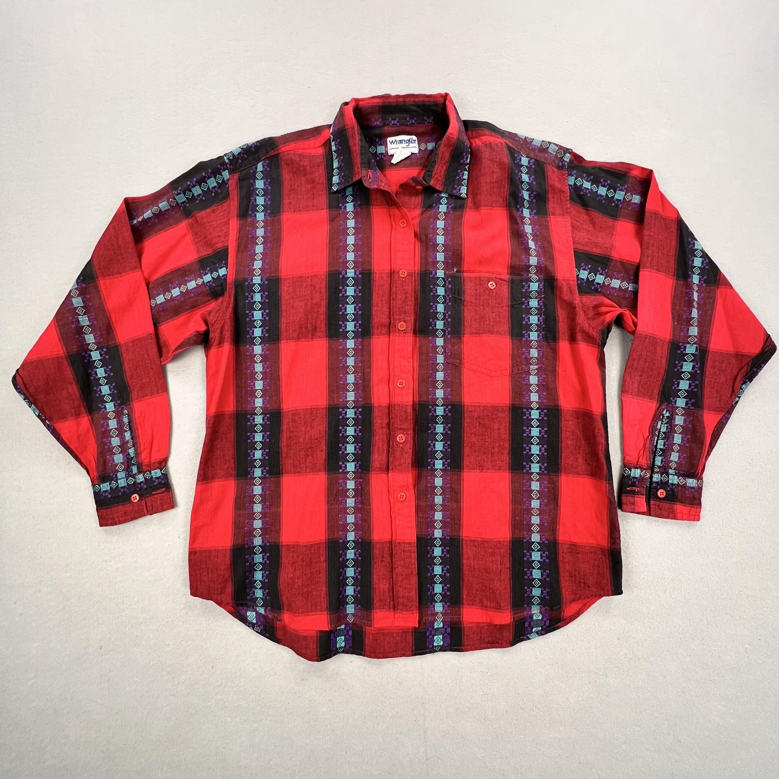 Wrangler Shirt Mens XL Red Plaid Southwestern Western Button Front Cotton Casual