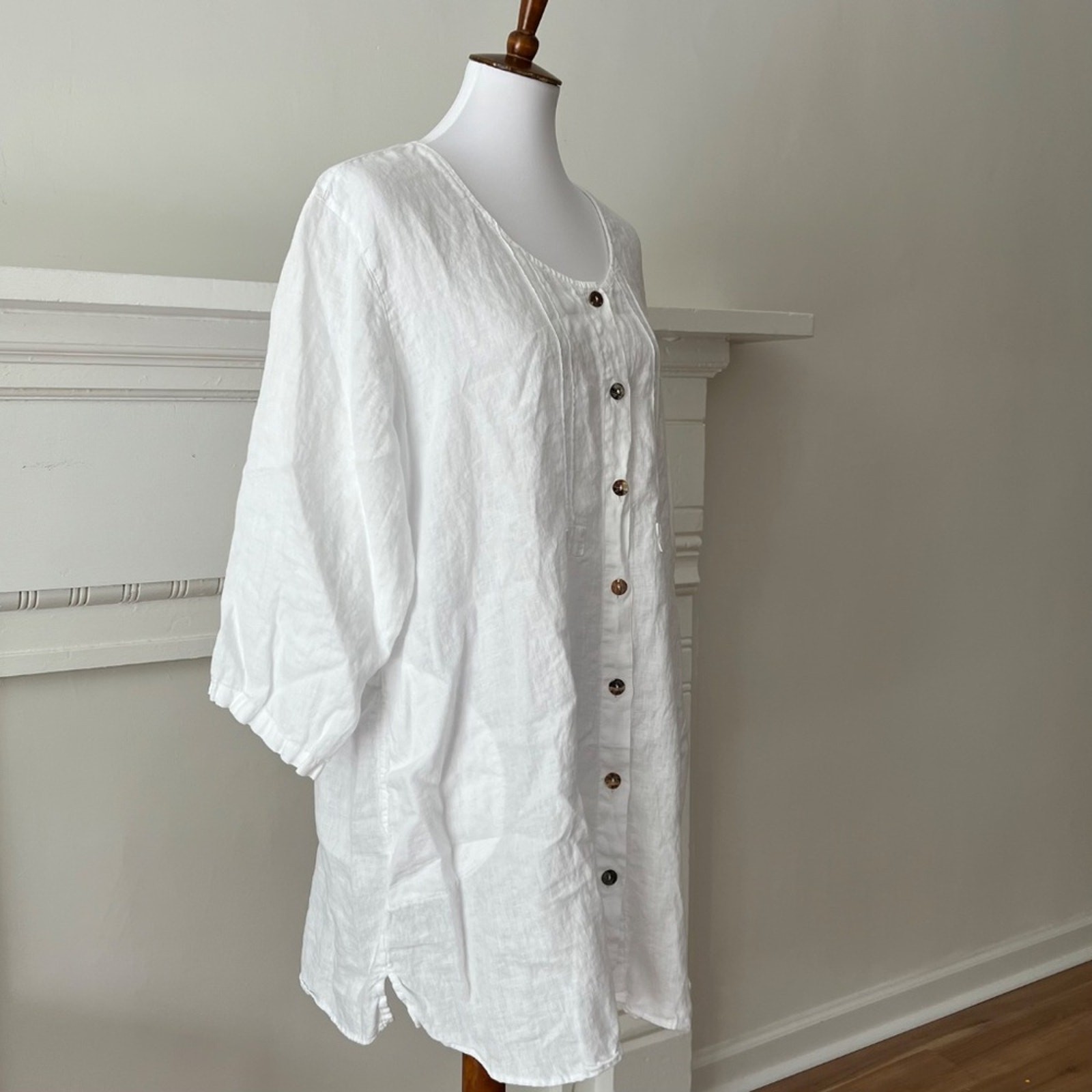 Plus Size Top Solid White Linen 1X Vintage Shirt Lagenlook Tunic Blouse Relaxed
