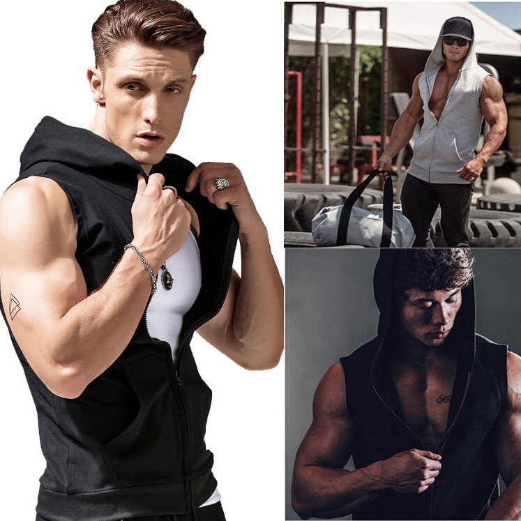 ON SALE!! Men’s Sleeveless Zipper Hoodie Hooded Workout Gym Sport Vest Tank Top